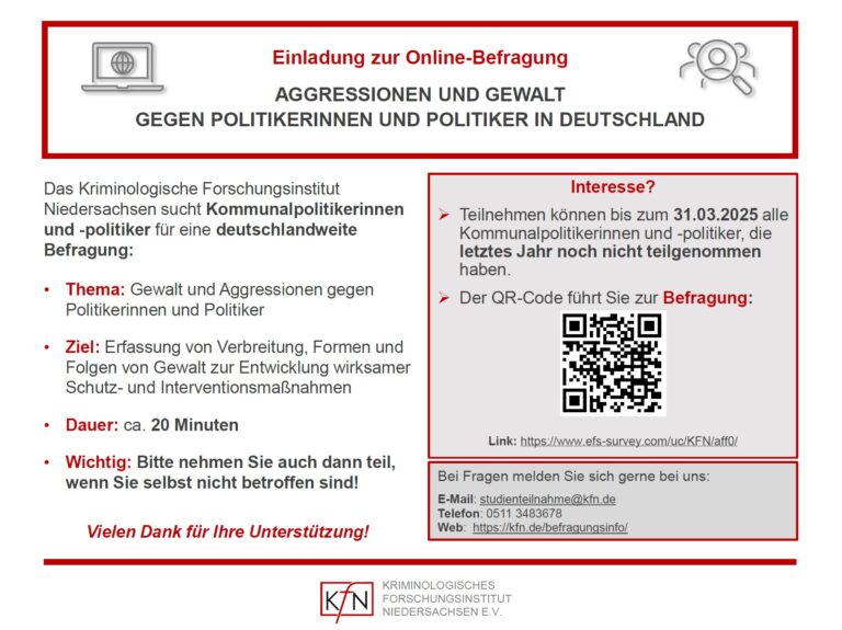 Einladung zur Online-Befragung AGGRESSIONEN UND GEWALT GEGEN POLITIKERINNEN UND POLITIKER IN DEUTSCHLAND